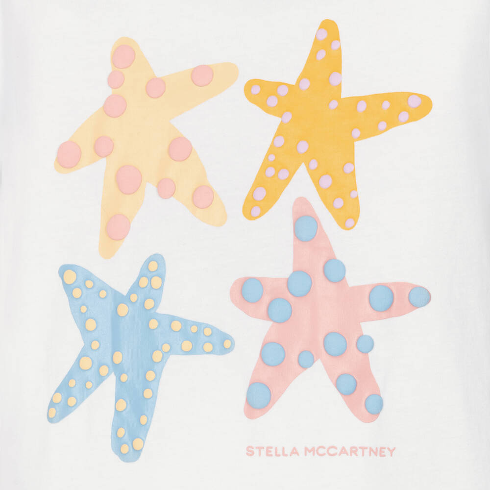 Stella McCartney Kids-Girls White Cotton T-Shirt with Pastel Starfish | Childrensalon Outlet