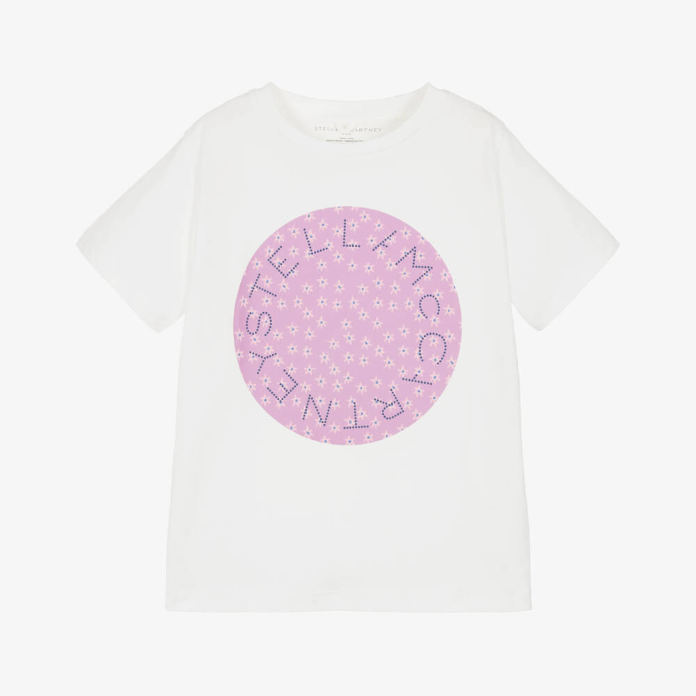 Stella McCartney Kids-Girls White Cotton T-Shirt with Purple Flower Logo | Childrensalon Outlet