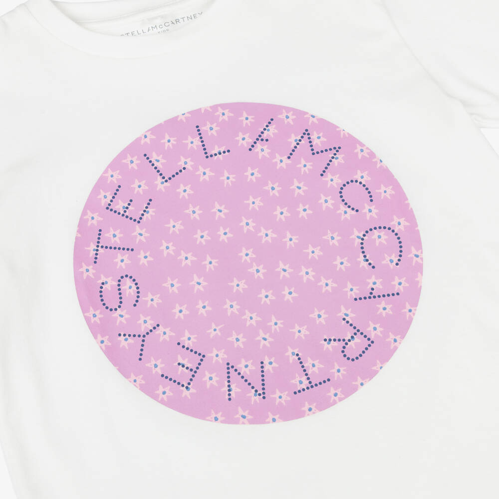 Stella McCartney Kids-Girls White Cotton T-Shirt with Purple Flower Logo | Childrensalon Outlet