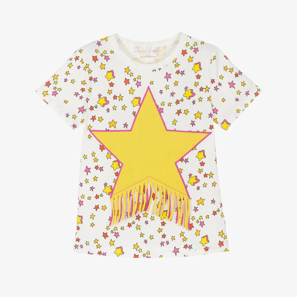 Stella McCartney Kids-Girls White Cotton T-Shirt with Yellow Star | Childrensalon Outlet