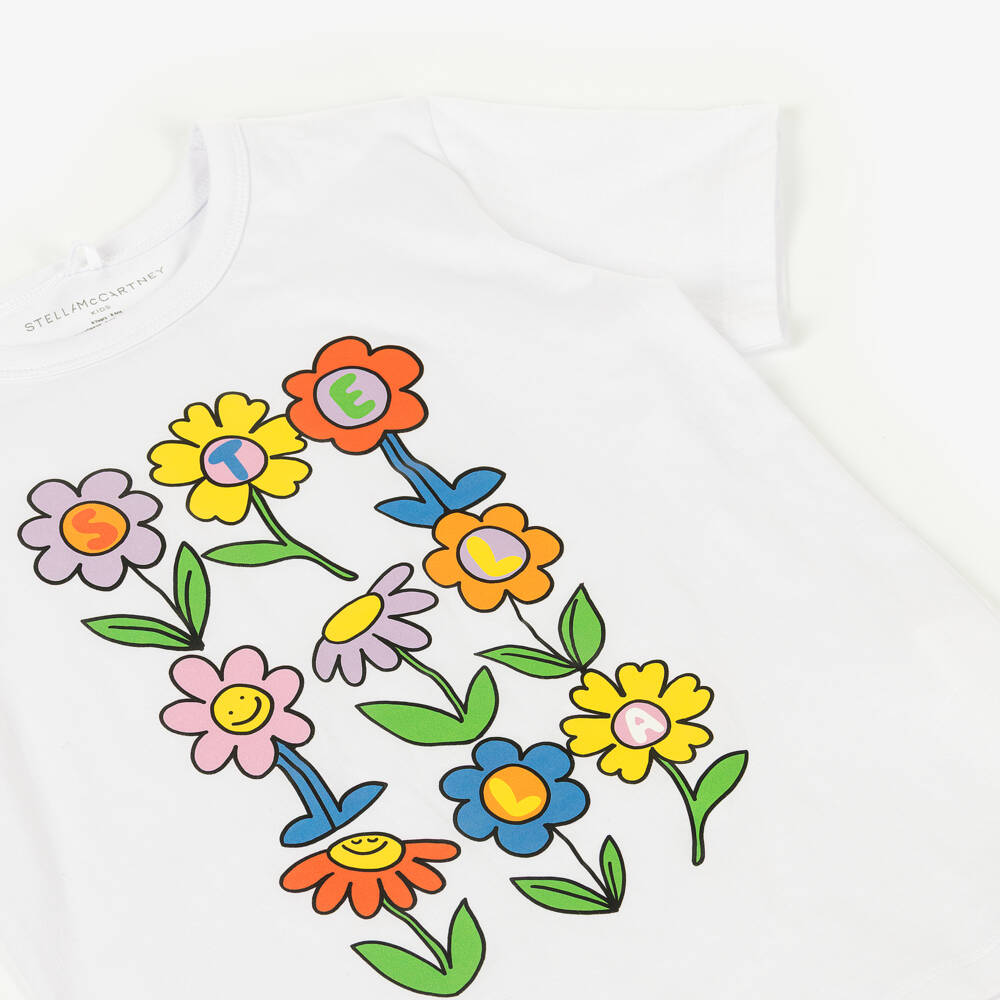 Stella McCartney Kids-تي شيرت قطن أبيض مزين بالزهور للبنات | Childrensalon Outlet