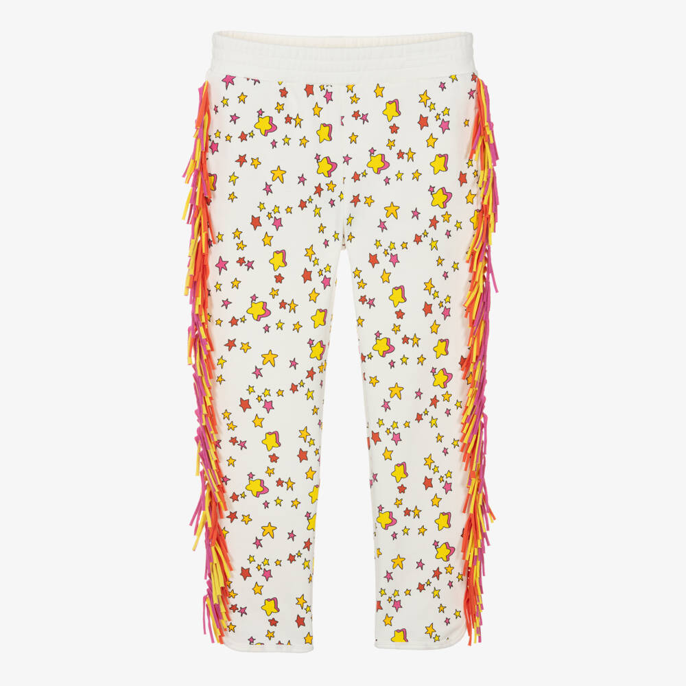 Stella McCartney Kids-Girls White Fringed Cotton Joggers with Star Print | Childrensalon Outlet