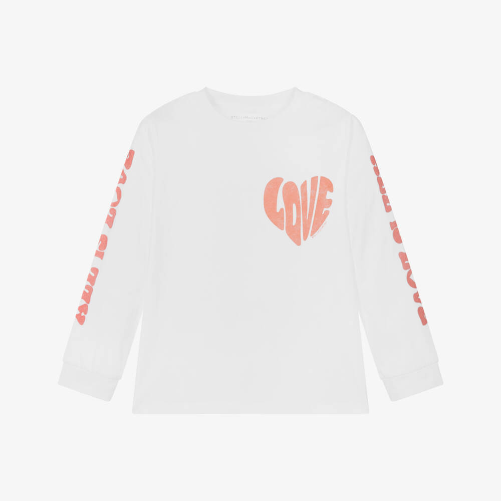 Stella McCartney Kids-تيشيرت قطن أبيض للبنات مزين بقلوب | Childrensalon Outlet