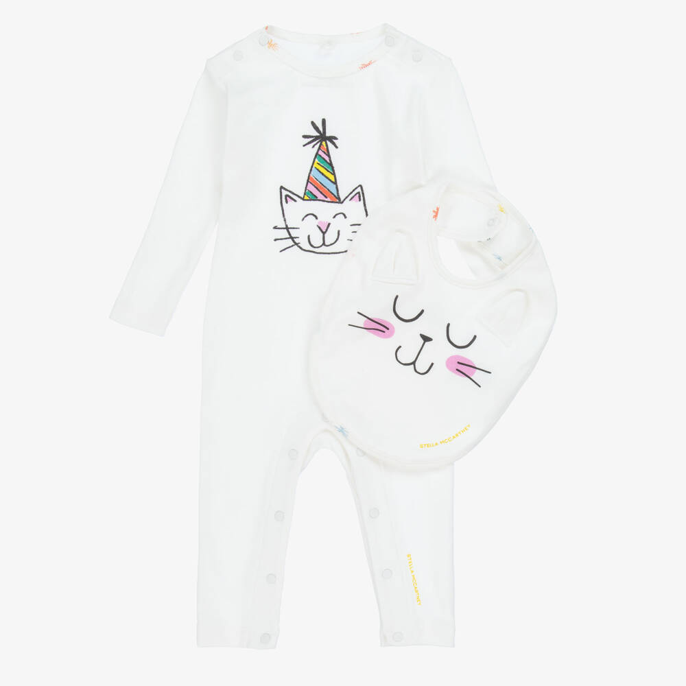 Stella McCartney Kids-Набор для девочек белый с котенком и нагрудником | Childrensalon Outlet