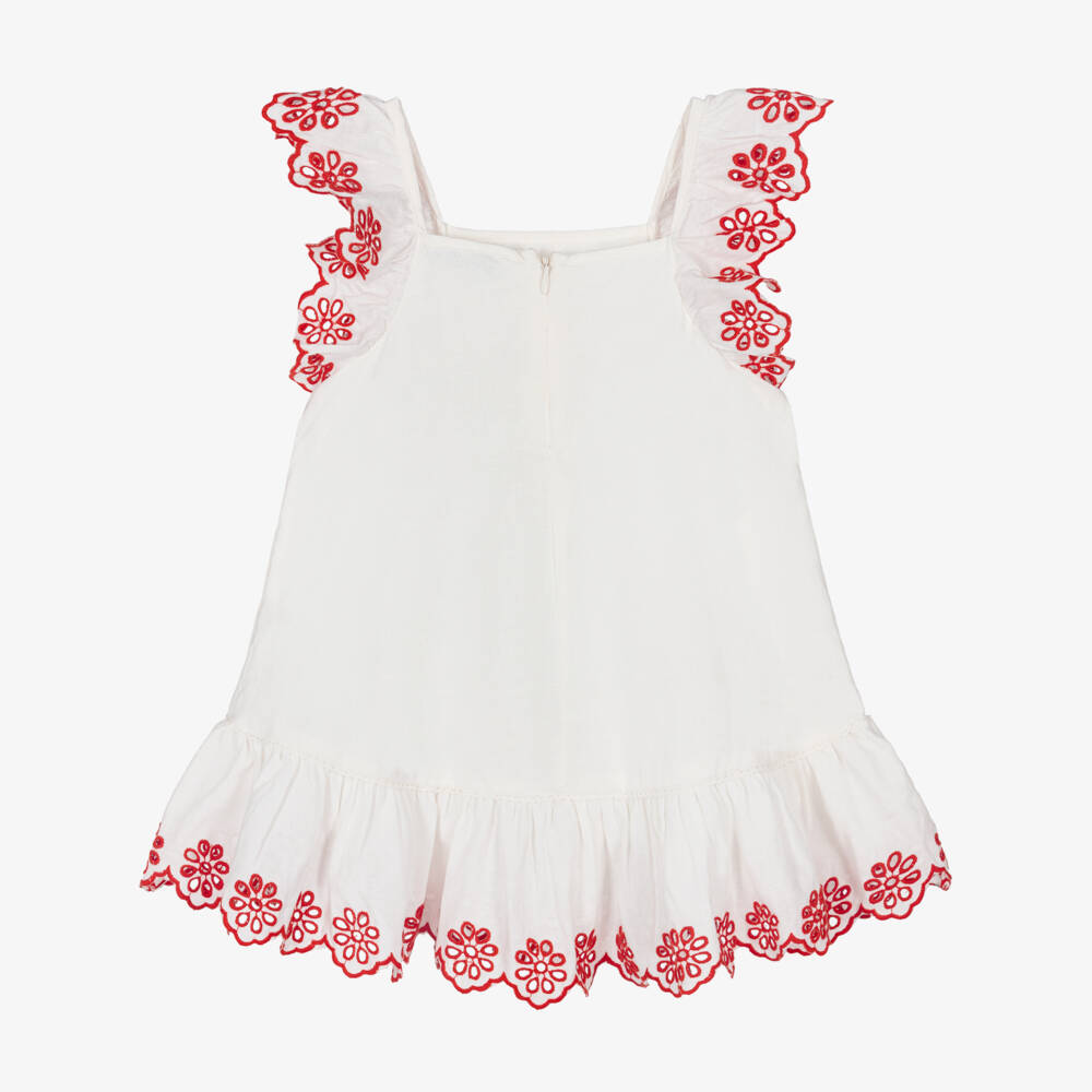 Stella McCartney Kids-Girls White Linen & Cotton Dress with Red Floral Embroidery | Childrensalon Outlet