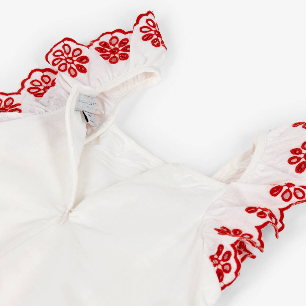 Stella McCartney Kids-Girls White Linen & Cotton Dress with Red Floral Embroidery | Childrensalon Outlet
