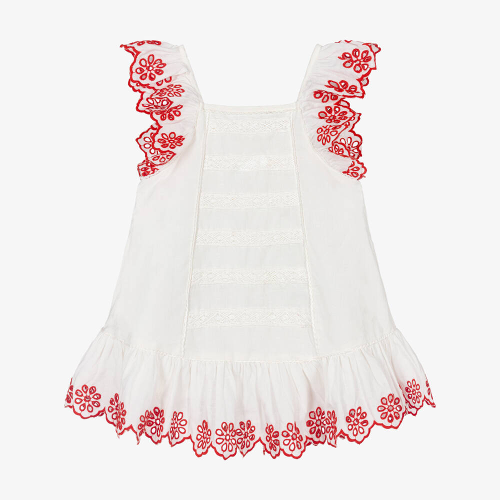 Stella McCartney Kids-Girls White Linen & Cotton Dress with Red Floral Embroidery | Childrensalon Outlet
