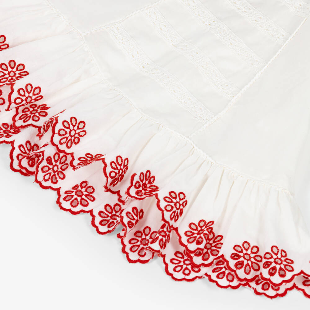 Stella McCartney Kids-Girls White Linen & Cotton Dress with Red Floral Embroidery | Childrensalon Outlet