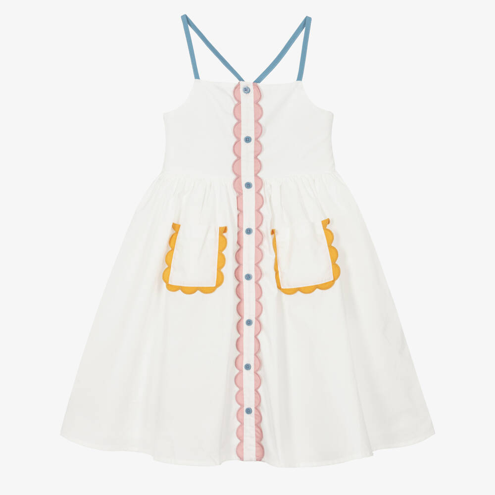 Stella McCartney Kids-Girls White Sleeveless Dress with Scalloped Trims | Childrensalon Outlet