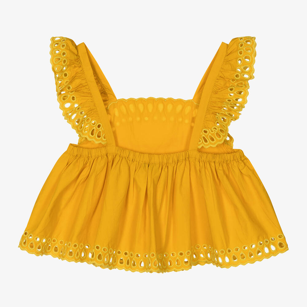 Stella McCartney Kids-بلوزة قطن عضوي برودوري لون أصفر للبنات | Childrensalon Outlet