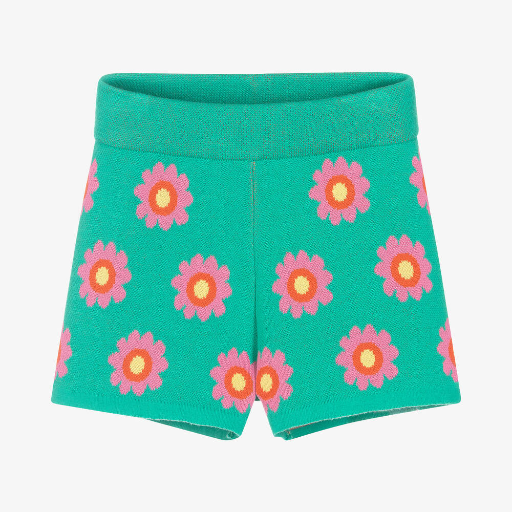 Stella McCartney Kids - Grüne Blumen-Baumwollstrick-Shorts | Childrensalon