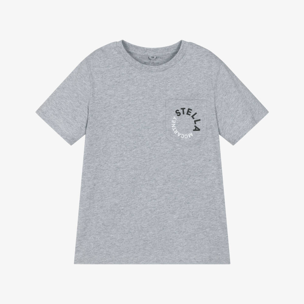 Stella McCartney Kids-تيشيرت قطني رمادي بجيب شعار | Childrensalon Outlet