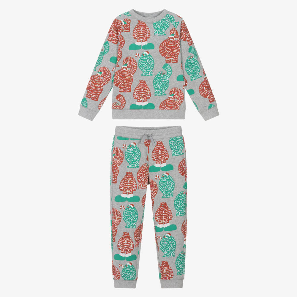 Stella McCartney Kids-Grey Cotton Tracksuit with Christmas Yeti Print | Childrensalon Outlet
