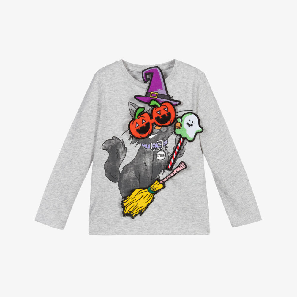 Stella McCartney Kids-Серый хлопковый топ Lucky Cat | Childrensalon Outlet