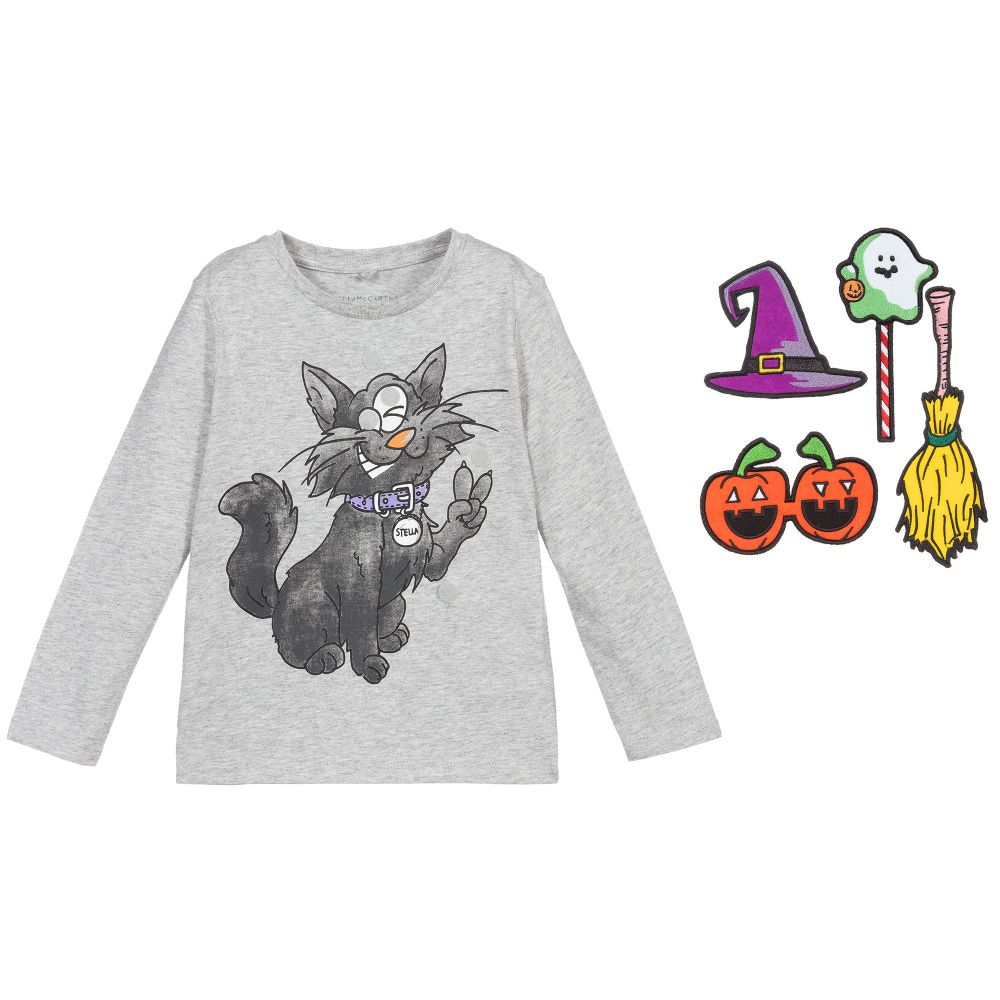 Stella McCartney Kids-Серый хлопковый топ Lucky Cat | Childrensalon Outlet