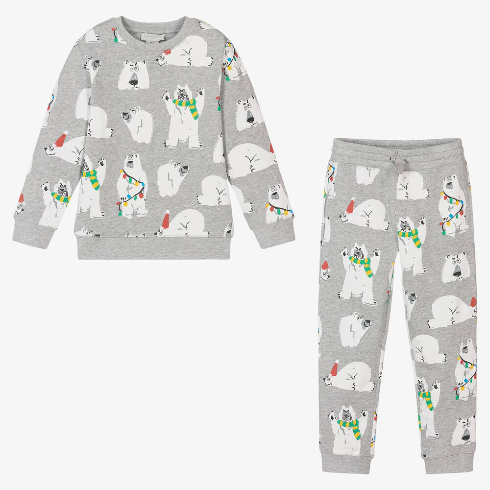 Stella McCartney Kids-Серый спортивный костюм из органического хлопка с белыми медведями | Childrensalon Outlet