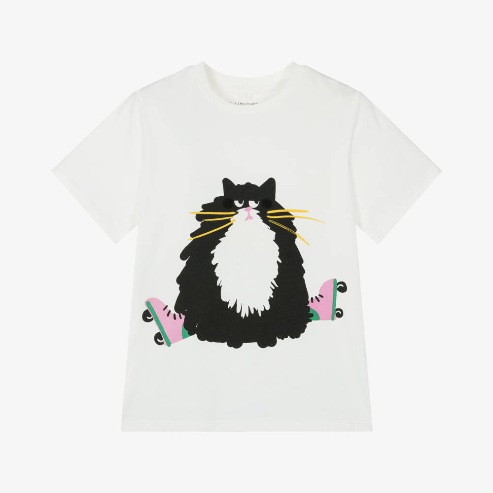 Stella McCartney Kids-Ivory Cat Patch Tee for Girls | Childrensalon Outlet
