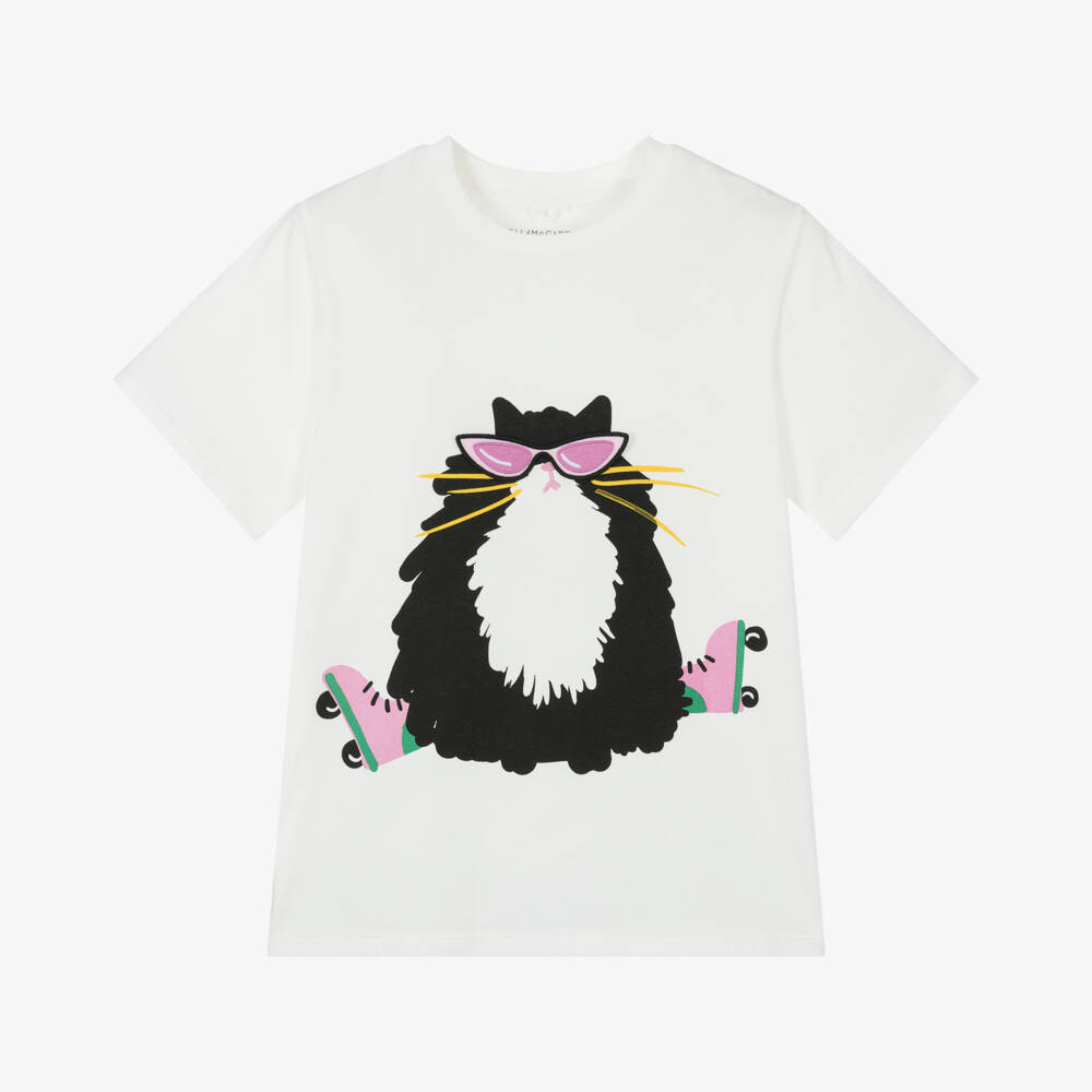 Stella McCartney Kids-Кремовая футболка с нашивкой кота для девочек | Childrensalon Outlet