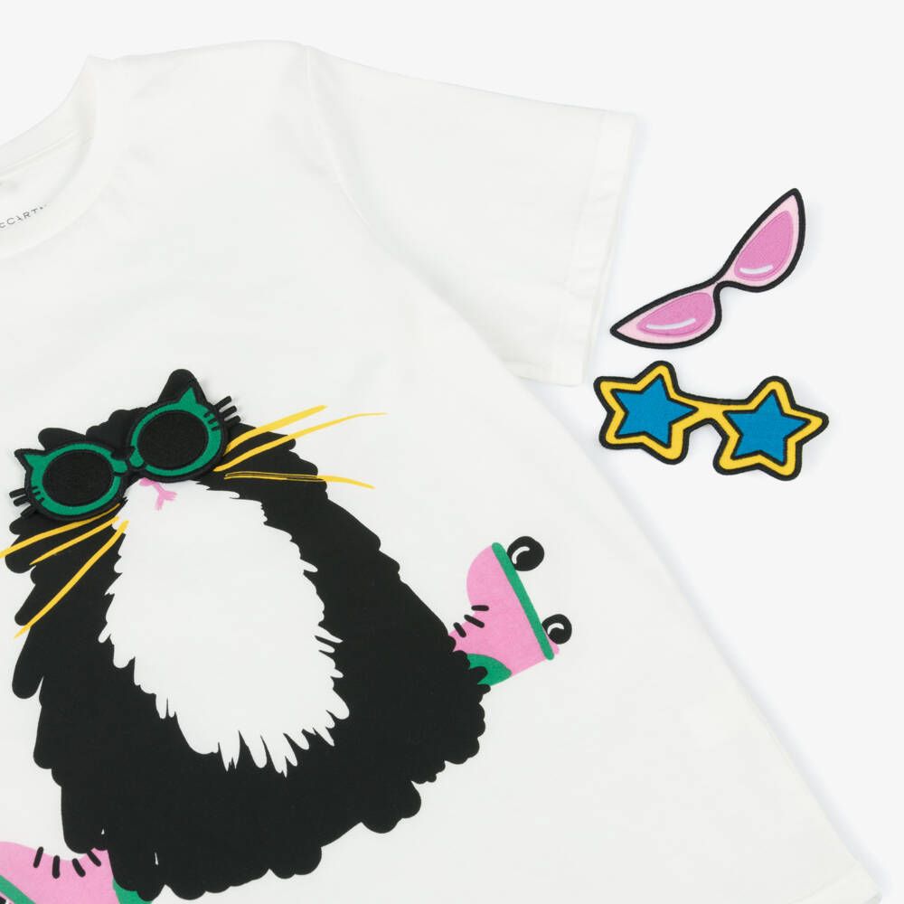 Stella McCartney Kids-Ivory Cat Patch Tee for Girls | Childrensalon Outlet