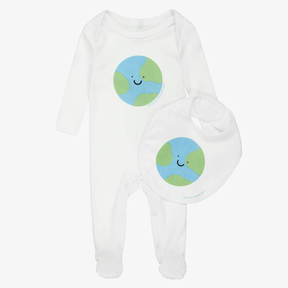 Stella McCartney Kids-Ivory Cotton Babygrow Set with Happy Earth Print | Childrensalon Outlet