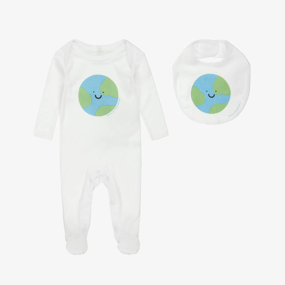 Stella McCartney Kids-Ivory Cotton Babygrow Set with Happy Earth Print | Childrensalon Outlet