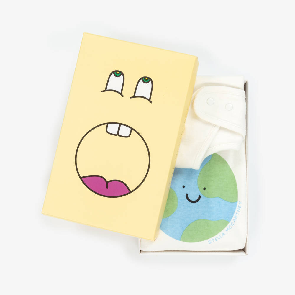 Stella McCartney Kids-Ivory Cotton Babygrow Set with Happy Earth Print | Childrensalon Outlet