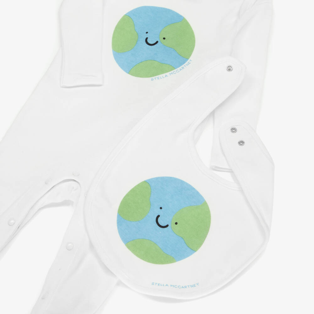 Stella McCartney Kids-Ivory Cotton Babygrow Set with Happy Earth Print | Childrensalon Outlet