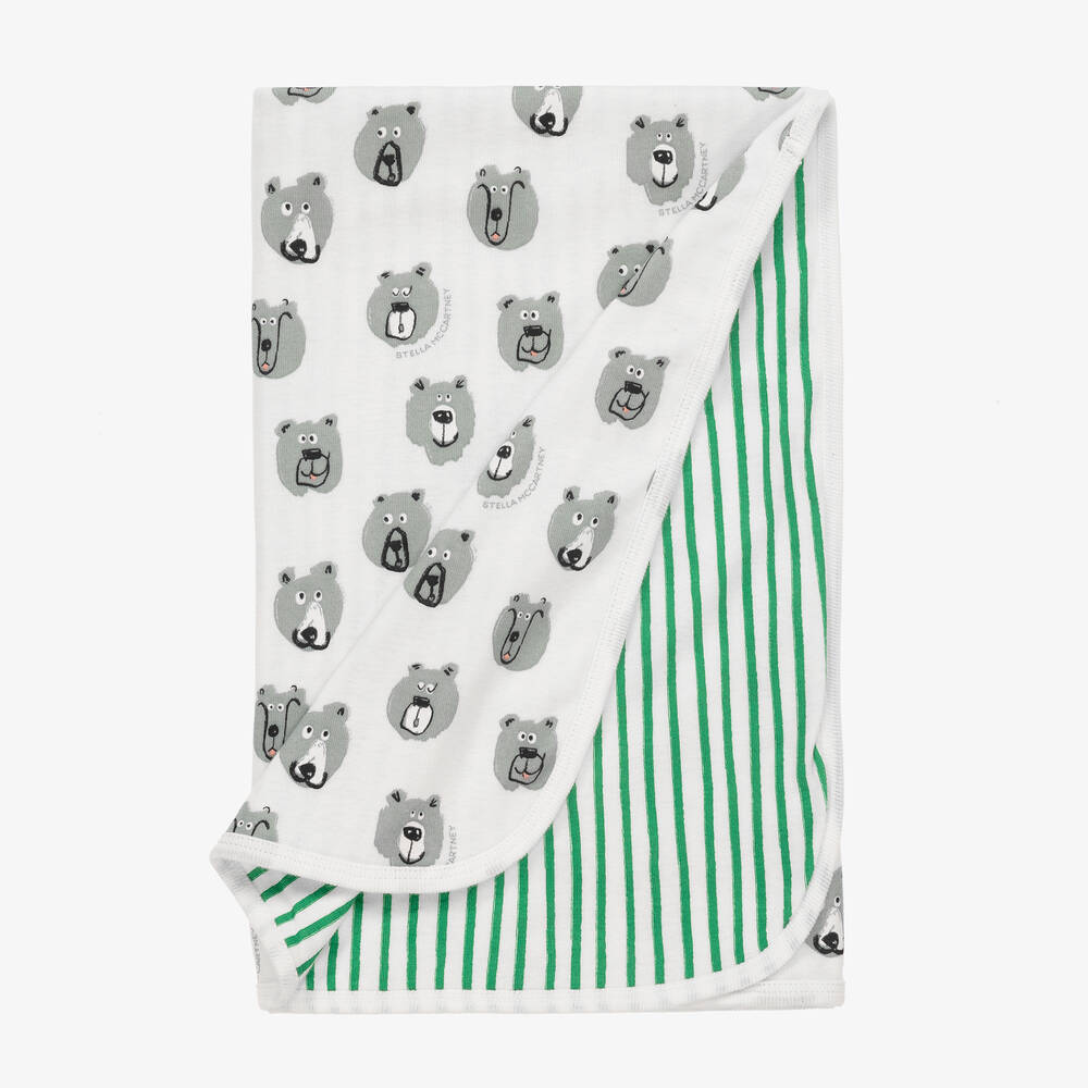 Stella McCartney Kids-Ivory Cotton Bear & Stripe Blanket (72cm) | Childrensalon Outlet