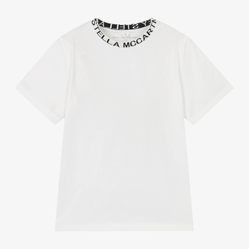 Stella McCartney Kids-Ivory Organic Cotton T-Shirt With Logo Collar | Childrensalon Outlet