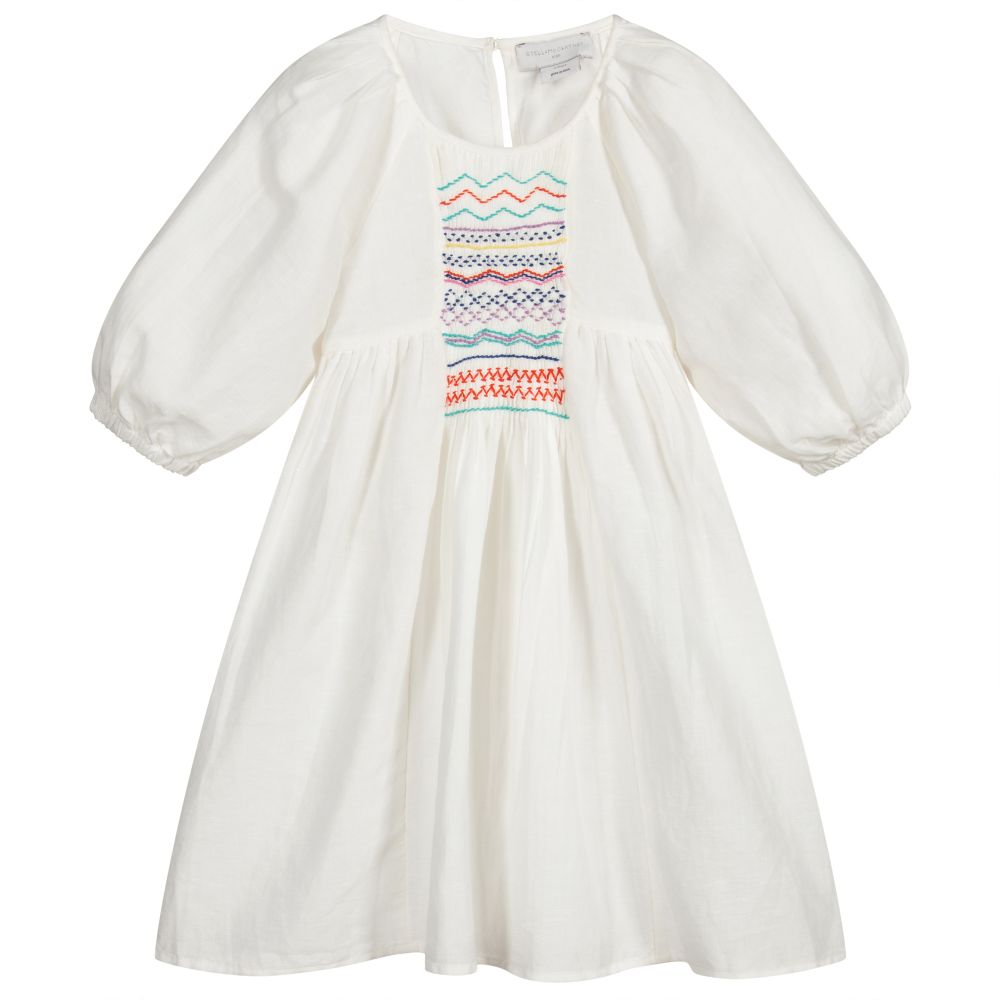 Stella McCartney Kids - Elfenbeinfarbenes, gesmoktes Leinenkleid | Childrensalon