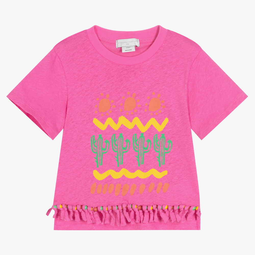 Stella McCartney Kids - Розовая льняная футболка с вышивкой бисером | Childrensalon
