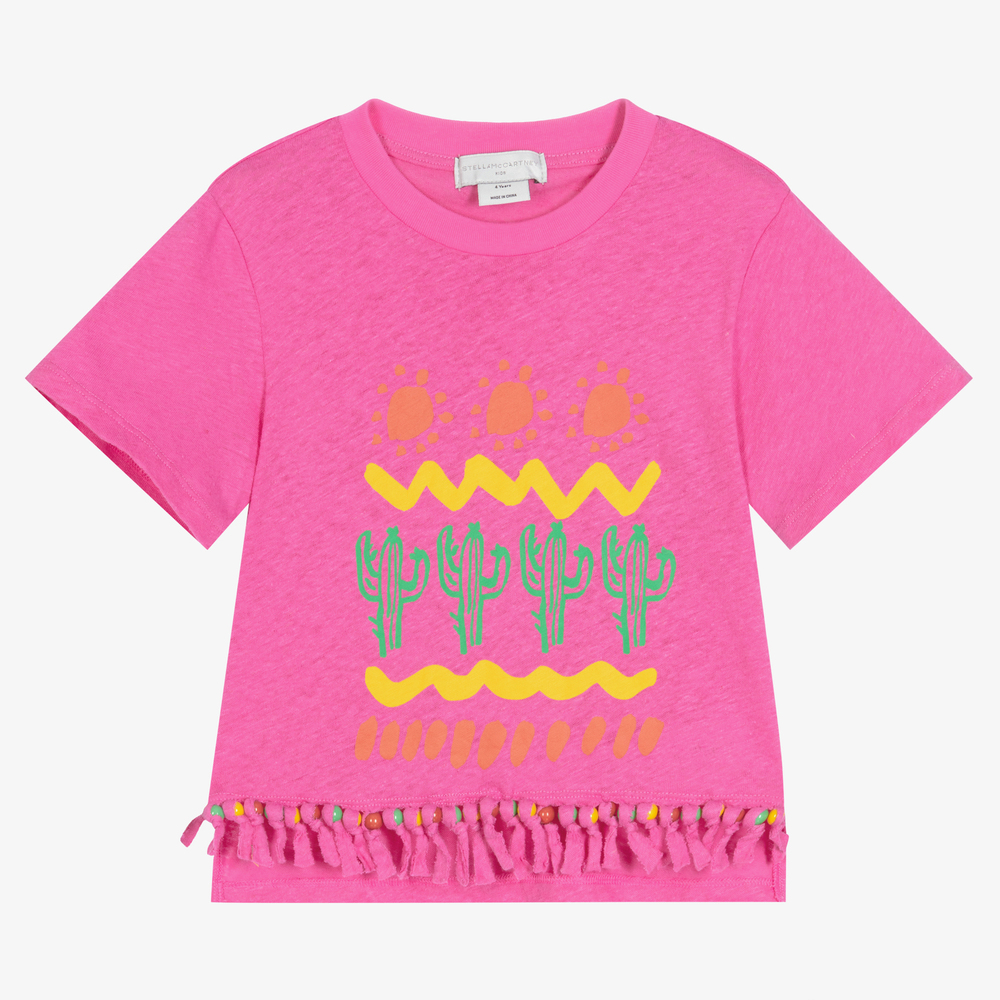Stella McCartney Kids-Розовая льняная футболка с вышивкой бисером | Childrensalon Outlet