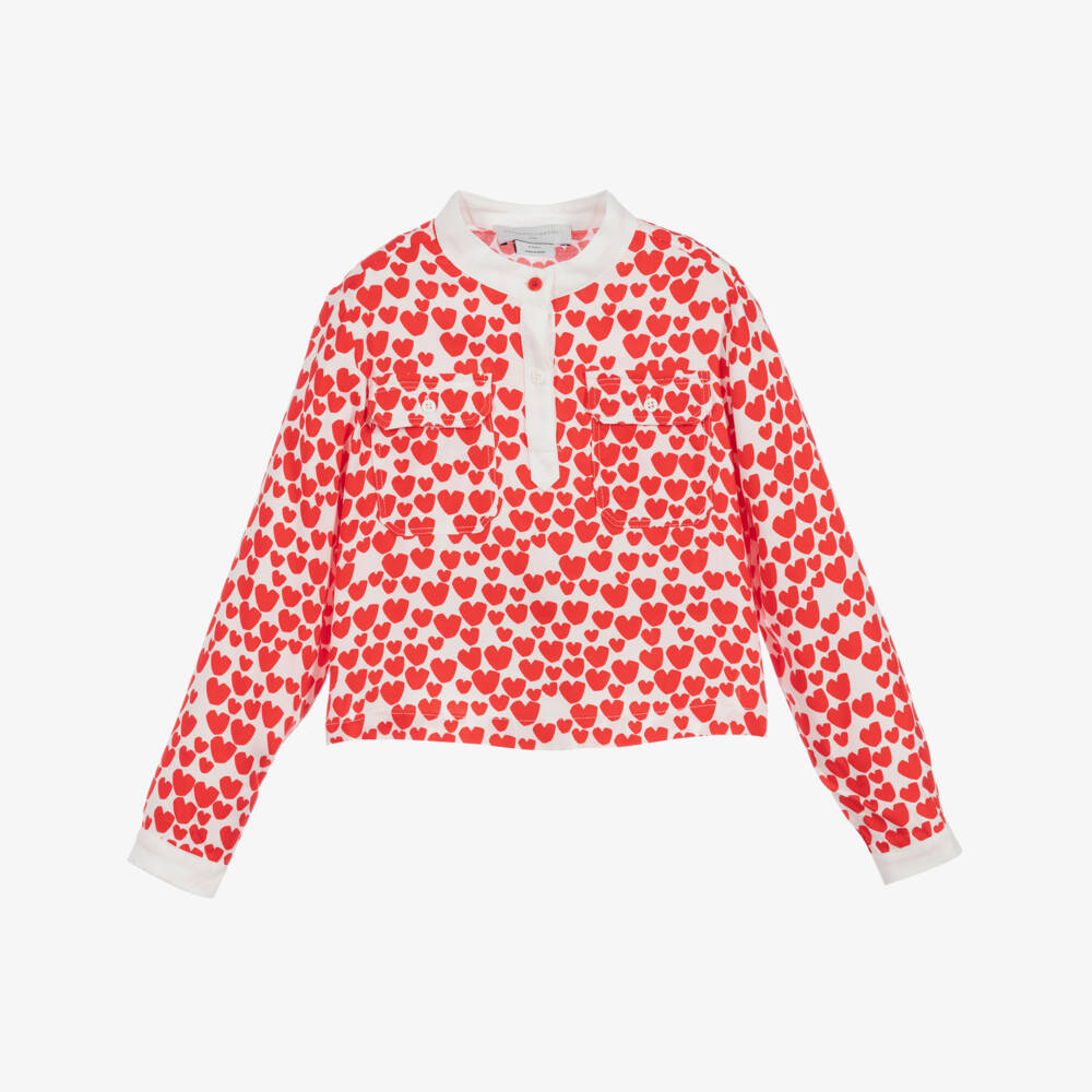 Stella McCartney Kids-بلوز فيسكوز لون أبيض و أحمر بطبعة قلوب | Childrensalon Outlet