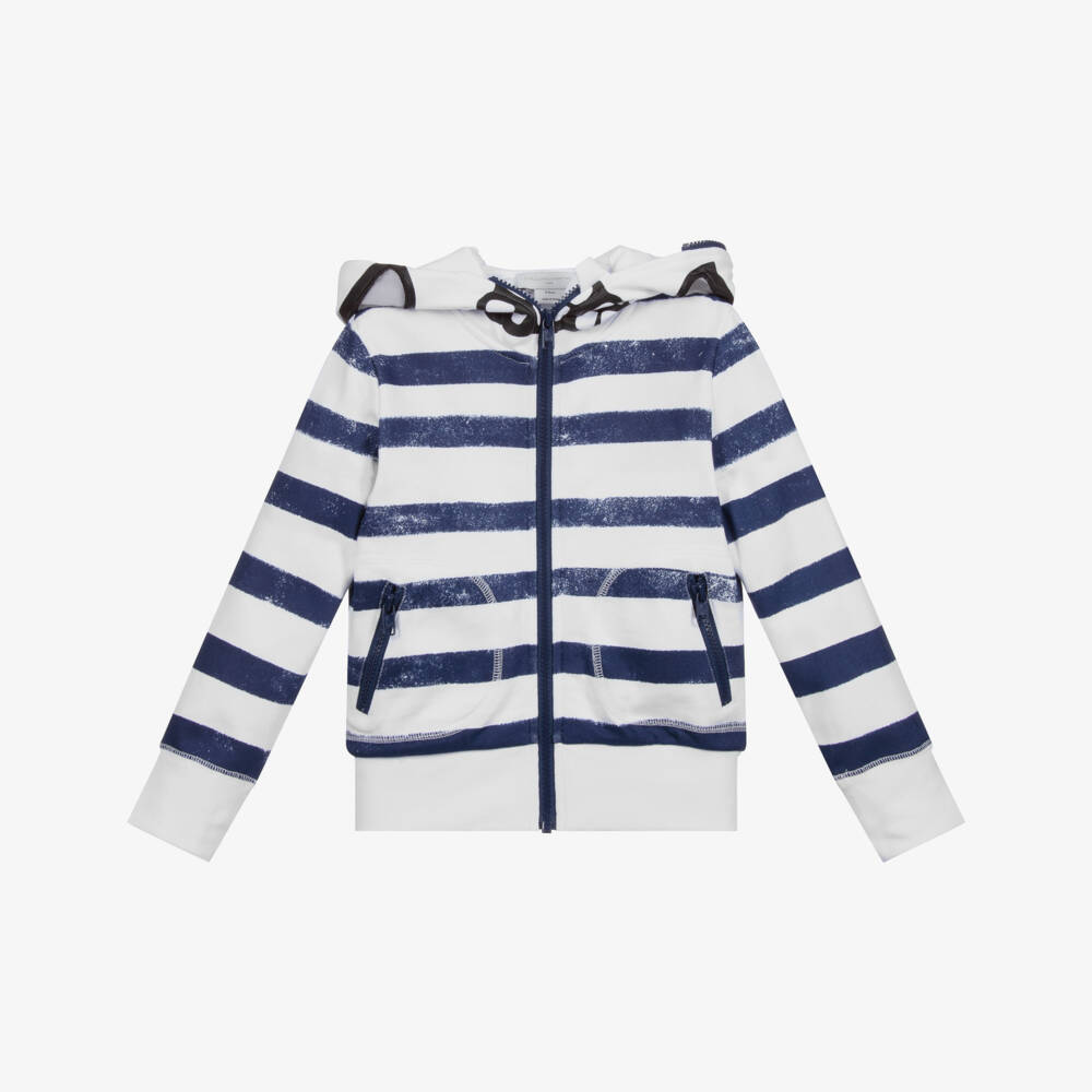 Stella McCartney Kids-توب هودي بسحّاب قطن لون كحلي وأبيض | Childrensalon Outlet