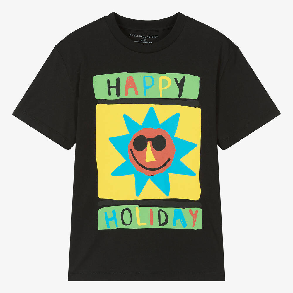 Stella McCartney Kids-Черная хлопковая футболка с солнцем для мальчиков-подростков | Childrensalon Outlet