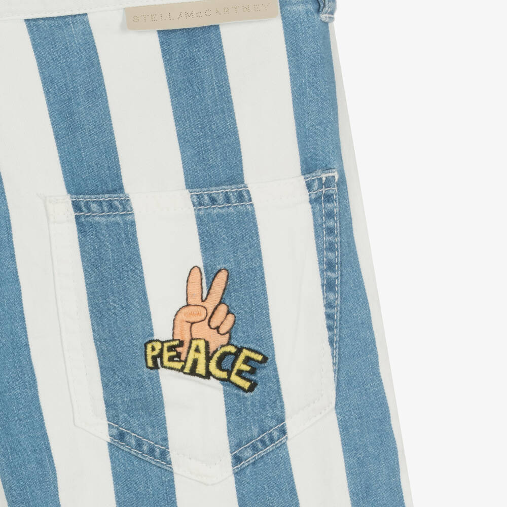 Stella McCartney Kids-شورت قطن عضوي دنيم مقلم لون أبيض وأزرق | Childrensalon Outlet