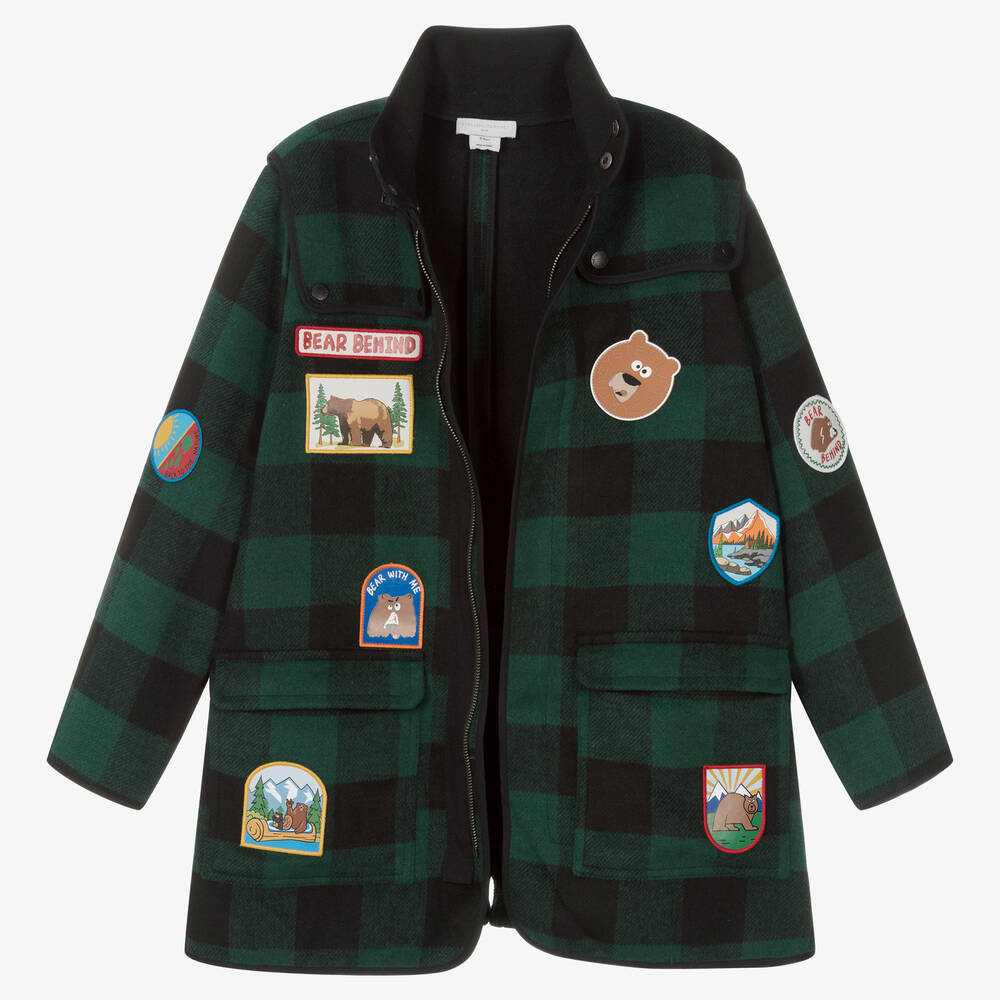 Stella McCartney Kids Teen Boys Green Black Check Badge Coat