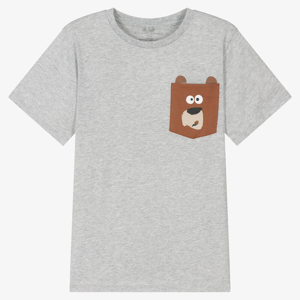 Stella McCartney Kids - Серая хлопковая футболка с карманом-медвежонком | Childrensalon
