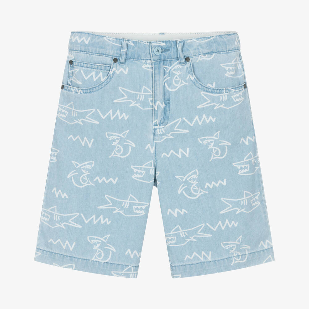 Stella McCartney Kids-Teen Boys Light Blue Cotton Shark Shorts | Childrensalon Outlet