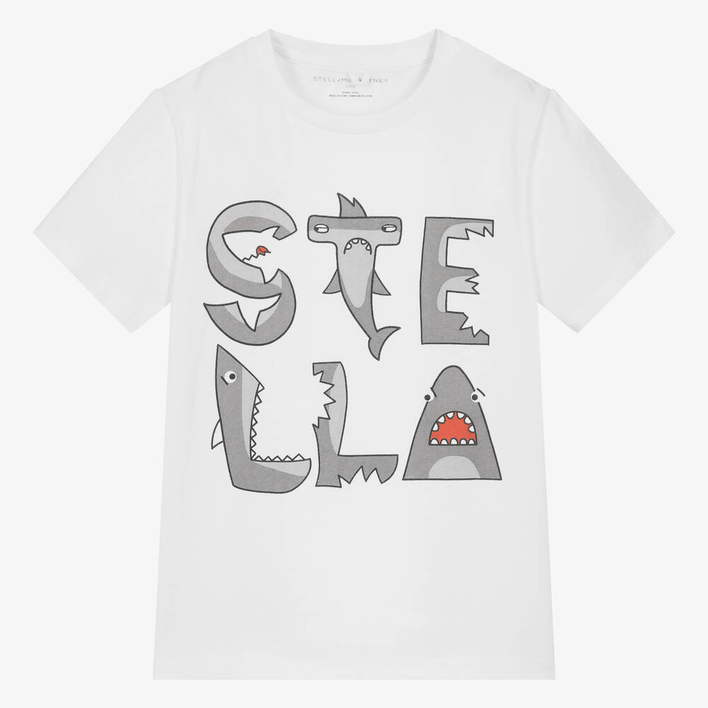 Stella McCartney Kids-Белая хлопковая футболка с акулами для мальчиков-подростков | Childrensalon Outlet