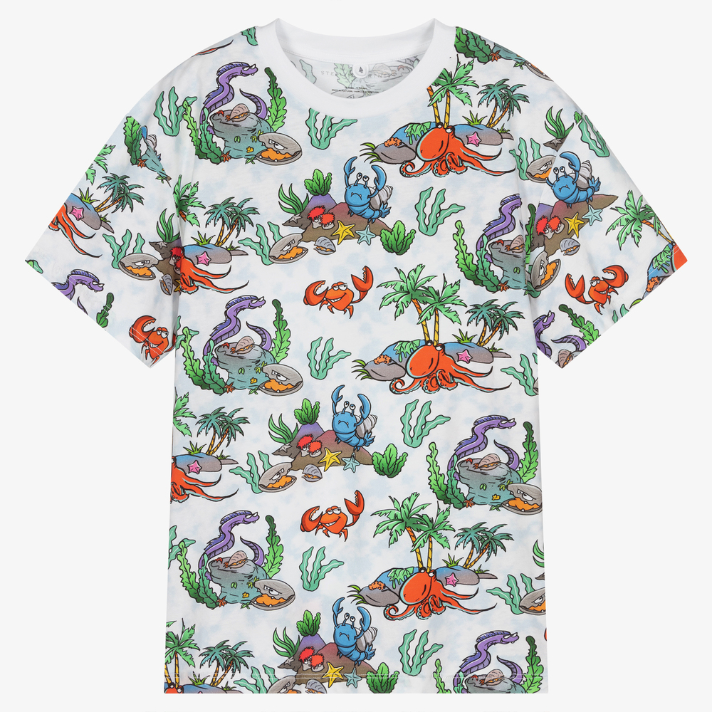 Stella McCartney Kids-تيشيرت تينز ولادي قطن عضوي لون أبيض بطبعة ملونة | Childrensalon Outlet