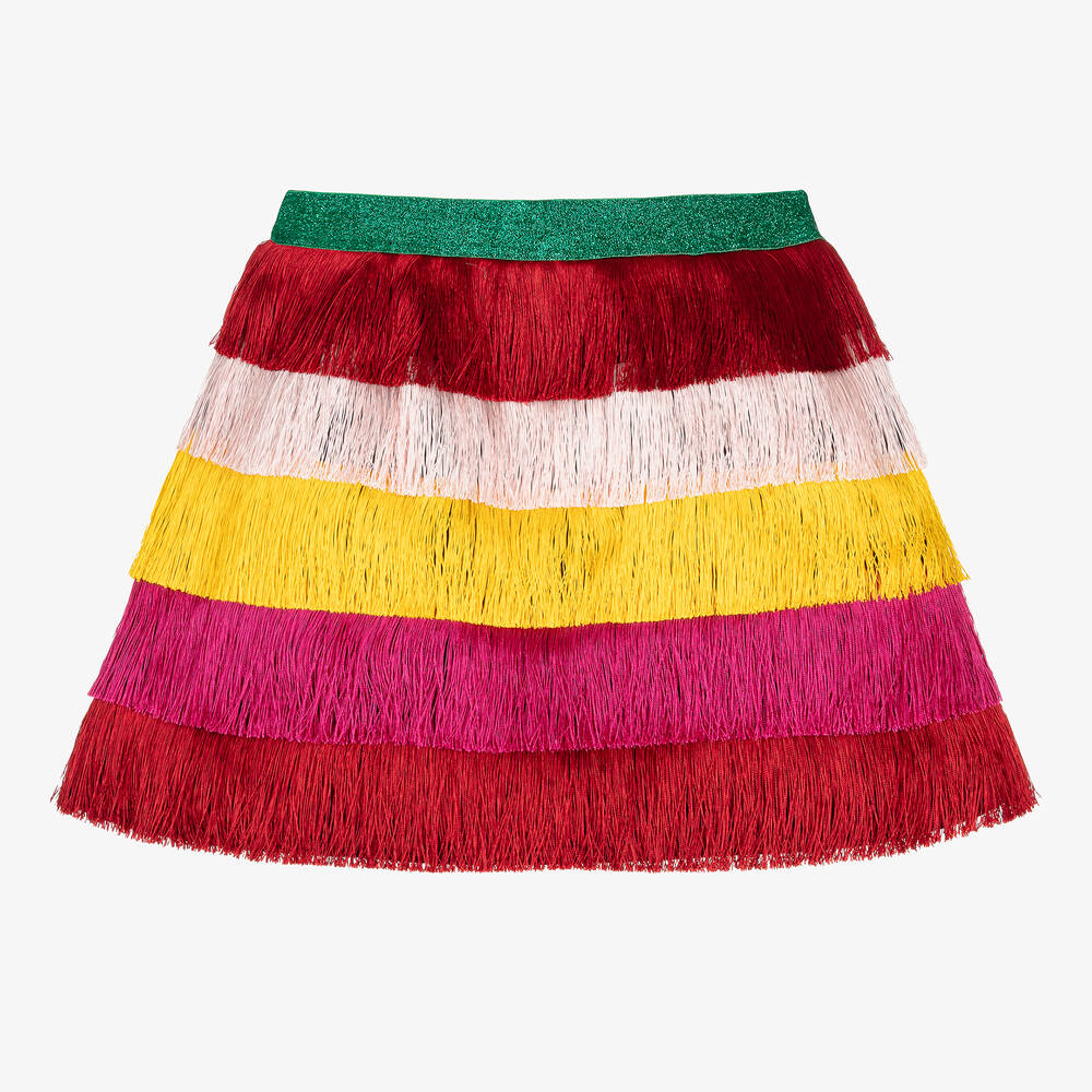 Stella McCartney Kids - Teen Girls Black & Pink Satin Fringed Mini Skirt | Childrensalon