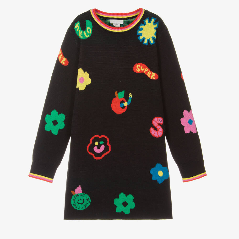 Stella McCartney Kids - فستان كنزة تينز بناتي قطن وصوف محبوك لون أسود | Childrensalon