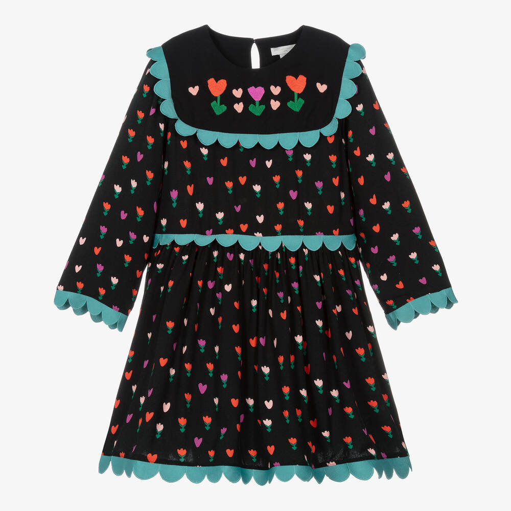 Stella McCartney Kids - فستان بطبعة قلوب وتوليب فيسكوز لون أسود تينز بناتي | Childrensalon