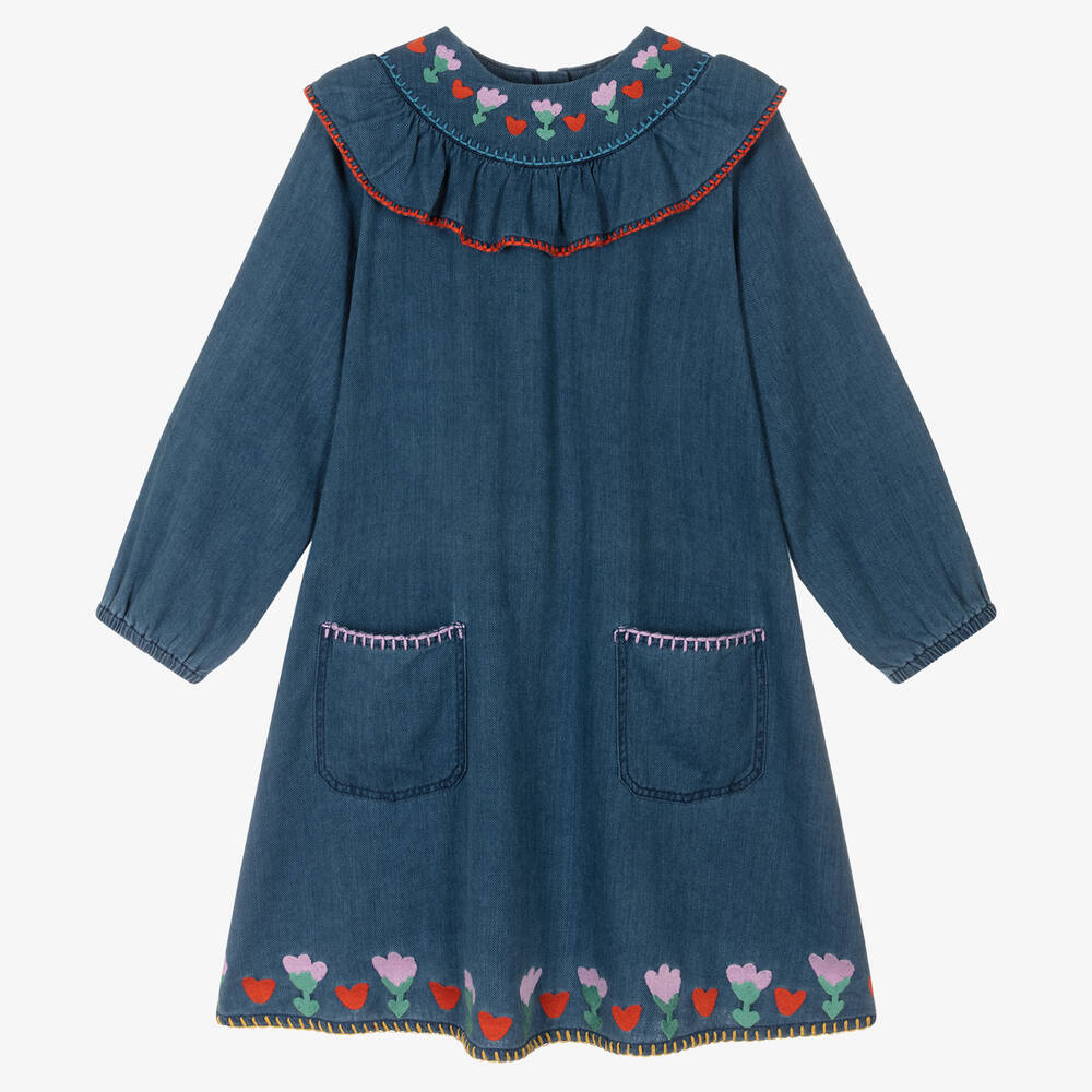 Stella McCartney Kids-فستان قطن عضوي دنيم مطرز لون أزرق تينز بناتي | Childrensalon Outlet