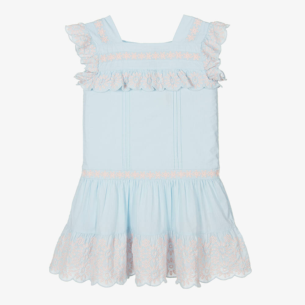 Stella McCartney Kids-فستان تينز بناتي قطن عضوي مطرز لون أزرق وزهري | Childrensalon Outlet