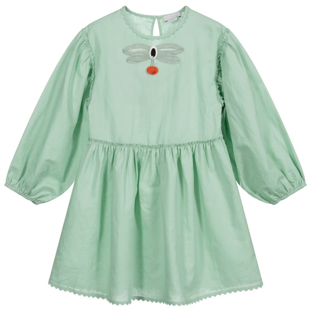 Stella McCartney Kids - فستان كتّان و قطن لون أخضر  | Childrensalon