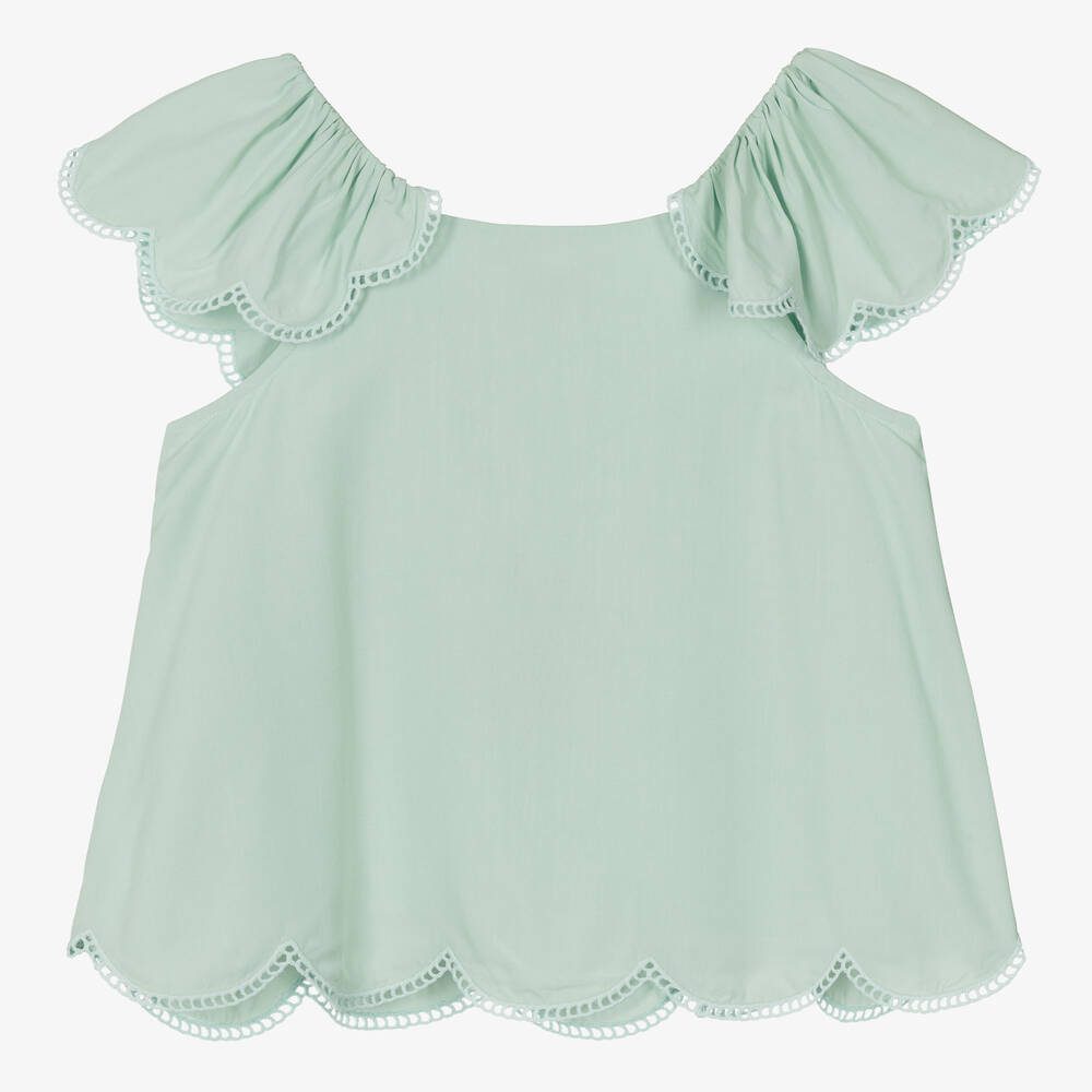 Stella McCartney Kids-بلوزة بحواف صدفية فيسكوز لون أخضر | Childrensalon Outlet
