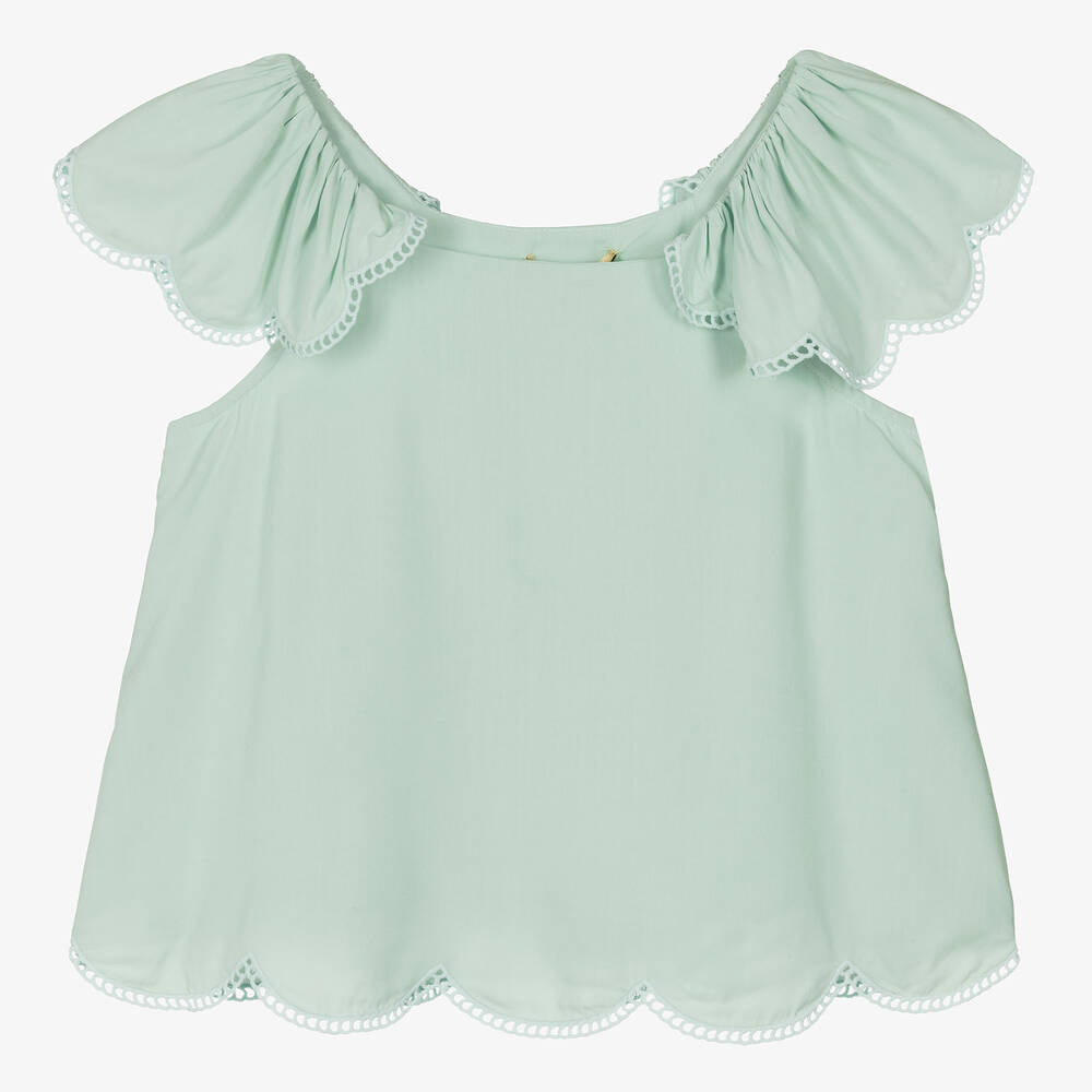 Stella McCartney Kids-بلوزة بحواف صدفية فيسكوز لون أخضر | Childrensalon Outlet