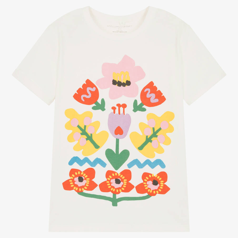 Stella McCartney Kids - Кремовая хлопковая футболка с цветами | Childrensalon